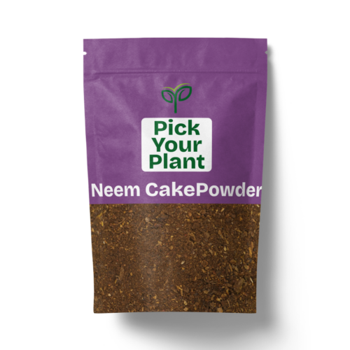 A purple and clear resealable pouch of "Pick Your Plant Neem Cake Powder" containing finely ground, brownish-gold powder, casting a soft shadow on a white background.