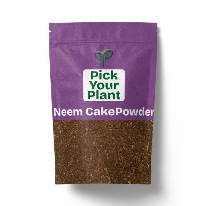 A purple and clear resealable pouch of "Pick Your Plant Neem Cake Powder" containing finely ground, brownish-gold powder, casting a soft shadow on a white background.