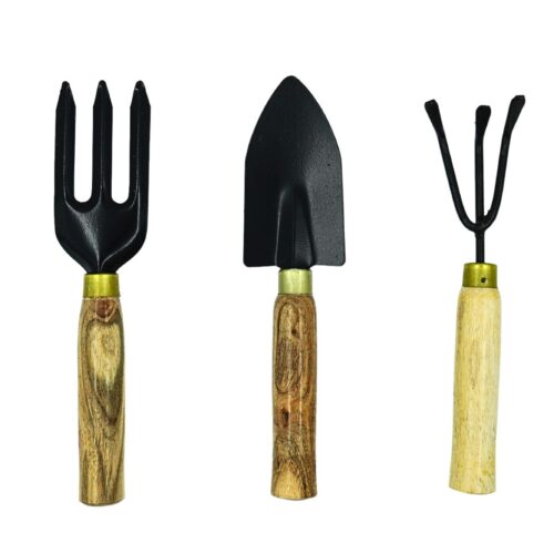 A set of three essential outdoor gardening tool set a hand fork, a trowel, and a cultivator, all with black metal heads and natural wooden handles, displayed against a white background.