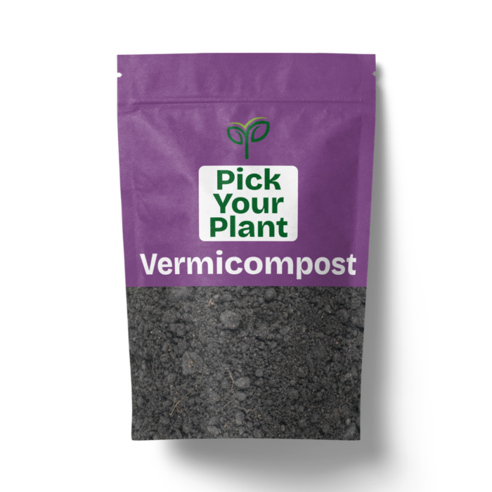 A purple and clear resealable pouch of "Pick Your Plant Vermi compost" containing dark, rich, granular compost, casting a soft shadow on a white background.