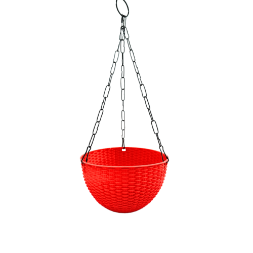 A vibrant red Hanging Pots with Hook and Chain with a woven texture, suspended by a silver metal chain and hook, against a white background.