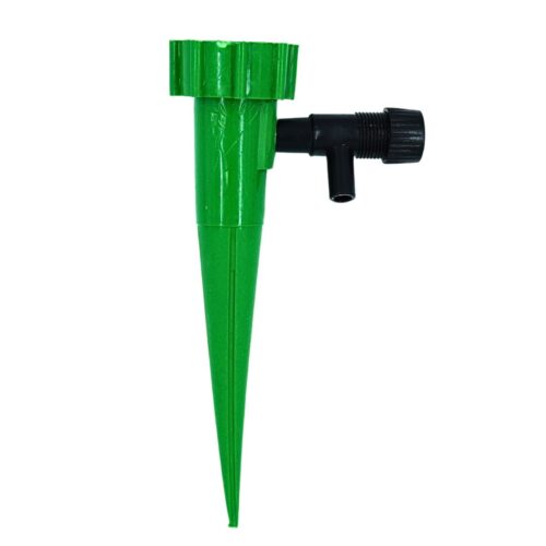 A green plastic Watering Spikes for Plants with an adjustable black flow control valve, designed to provide slow drip irrigation, against a plain white background.