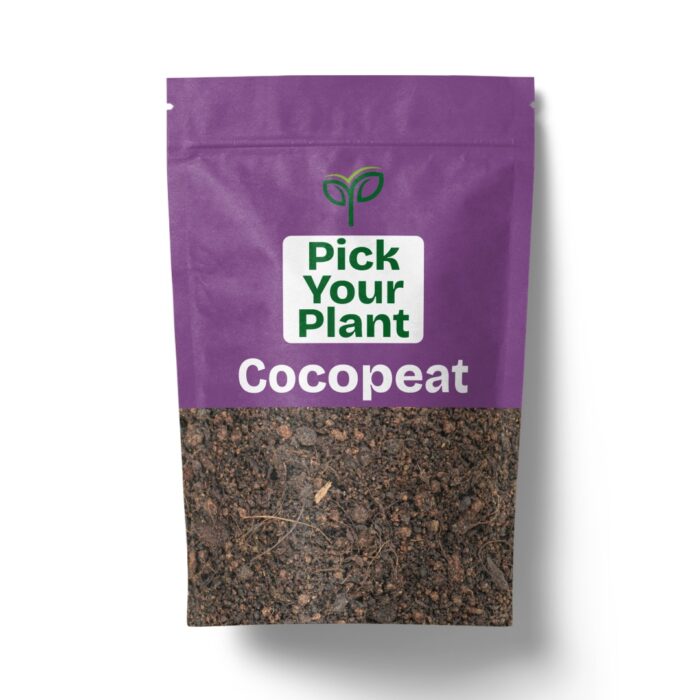 A purple and clear resealable pouch of "Pick Your Plant Coco peat" containing fibrous, dark brown coco coir material, casting a soft shadow on a white background.