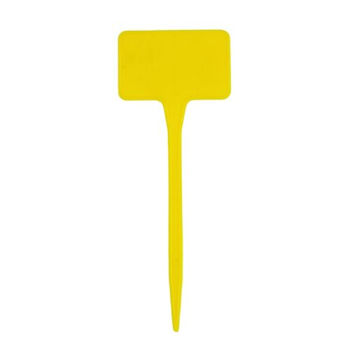 A single, bright yellow T-type plastic plant label with a rectangular top and a pointed stake, against a white background.