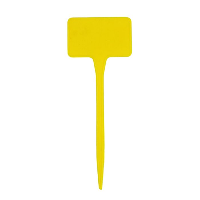A single, bright yellow T-type plastic plant label with a rectangular top and a pointed stake, against a white background.