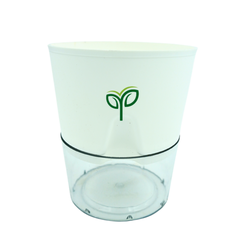 A transparent self watering pot with a clear bottom reservoir and a matte white top section featuring the "Pick Your Plants" logo, against a white background.