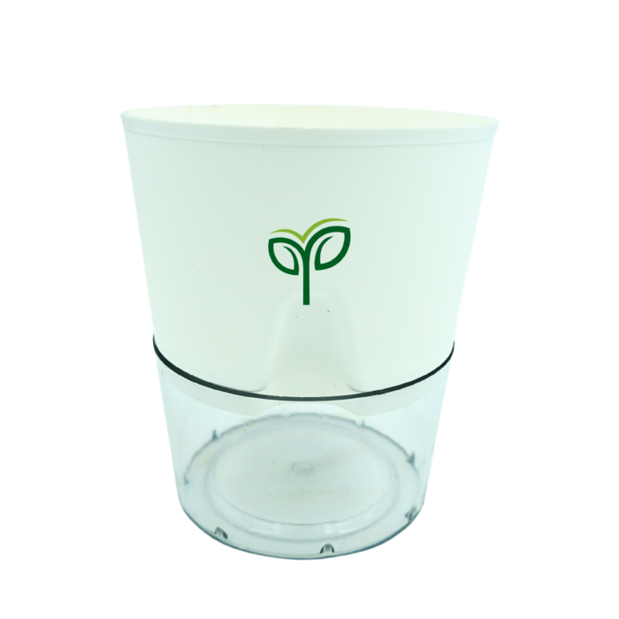 A transparent self watering pot with a clear bottom reservoir and a matte white top section featuring the "Pick Your Plants" logo, against a white background.