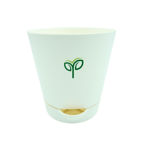 A sleek, minimalist Krish self watering pot in a matte white finish with a gold accent line and the "Pick Your Plants" logo, against a white background.