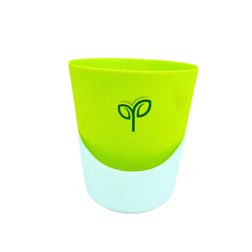 A two-toned Atlantis Self watering pot with a vibrant lime green top half featuring the "Pick Your Plants" logo, and a translucent light blue bottom half, against a white background.