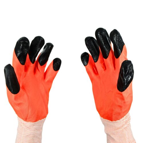 A pair of orange and black gardening gloves with black rubberized palms and fingertips, against a plain white background.