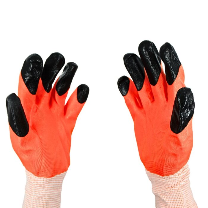 A pair of orange and black gardening gloves with black rubberized palms and fingertips, against a plain white background.