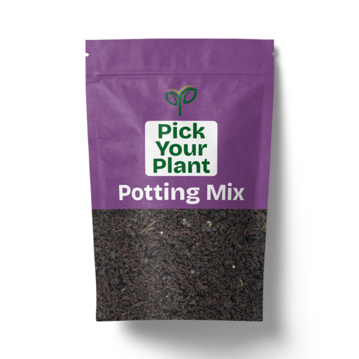 A purple and clear resealable pouch of "Pick Your Plant Potting Mix" containing dark, rich soil, casting a soft shadow on a white background.
