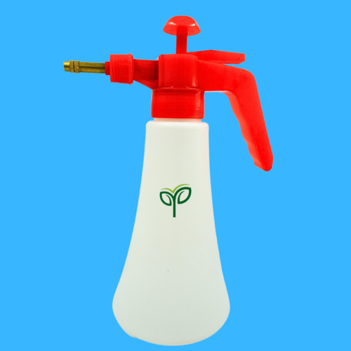 A white and red hand pressure spray pump with a red top and nozzle, and the green "Pick Your Plant" logo on its white body, against a blue background.