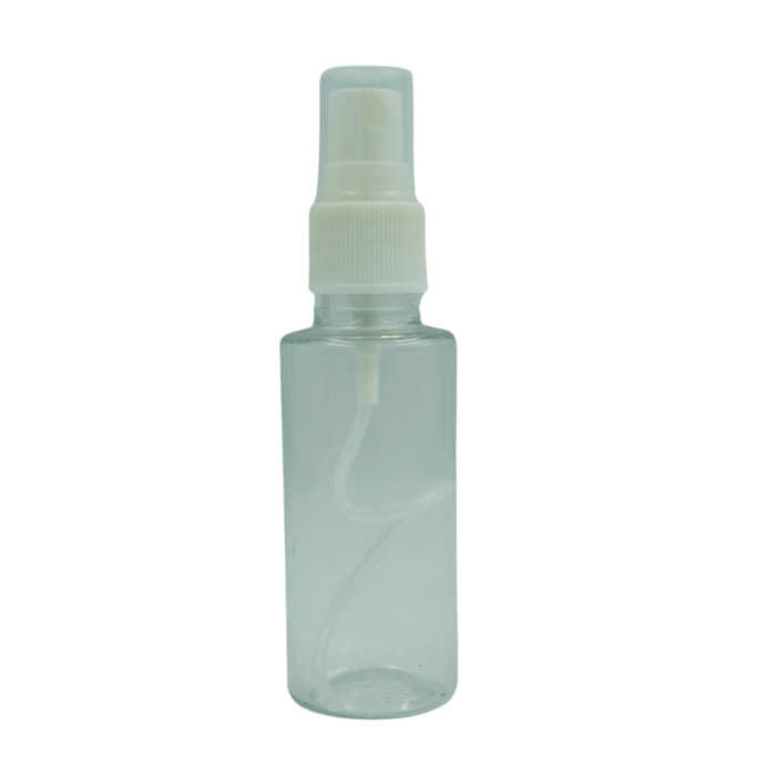 A small, transparent plastic mini spray bottle with a white pump and cap, ideal for travel or small plant misting, against a white background.