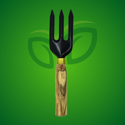 A sturdy gardening fork with four black metal prongs and a textured wooden handle, centered on a green background featuring the "Pick Your Plant" logo as a watermark.