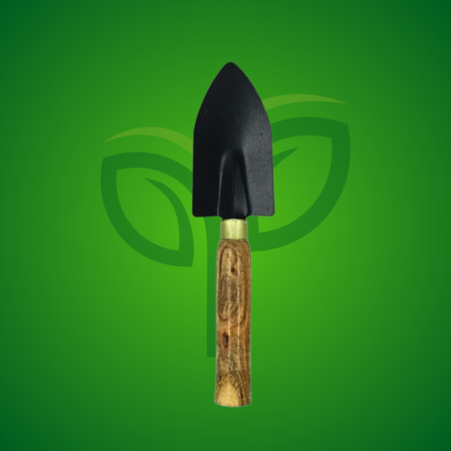 A sturdy gardening trowel with a black metal blade and a light brown textured wooden handle, centered on a green background with a subtle leaf watermark.