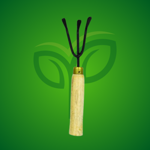 A small handheld gardening cultivator with three black prongs and a light wooden handle, centered on a green background with a subtle leaf watermark.
